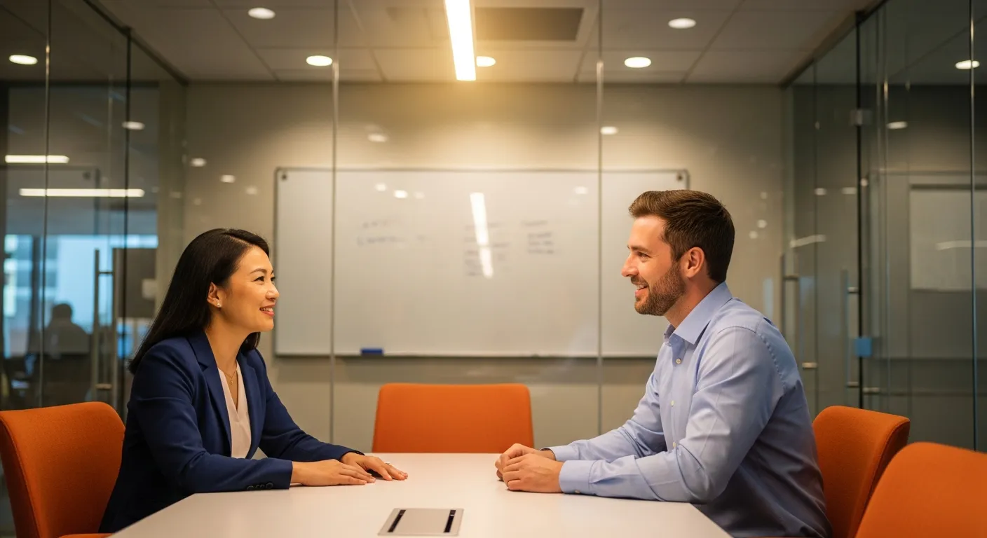 Healthcare hiring manager interviewing displaced Oracle Health IT candidate in hospital conference room