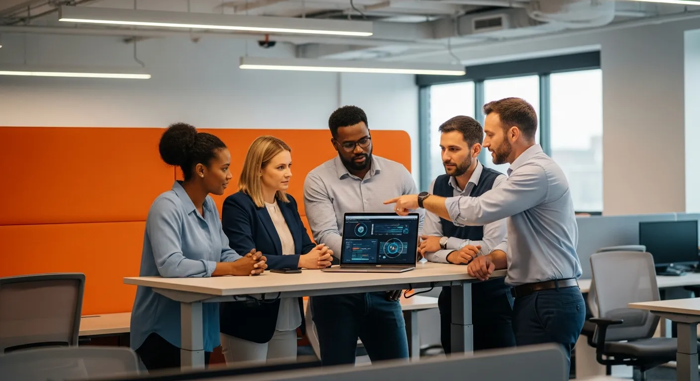 Healthcare IT team collaborating on clinical systems implementation in modern office