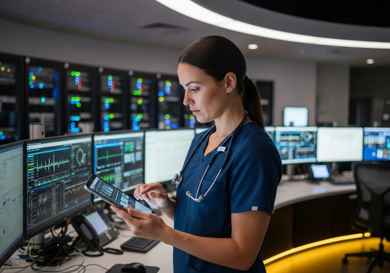 Healthcare professional reviewing patient data on tablet with hospital IT infrastructure visible in background