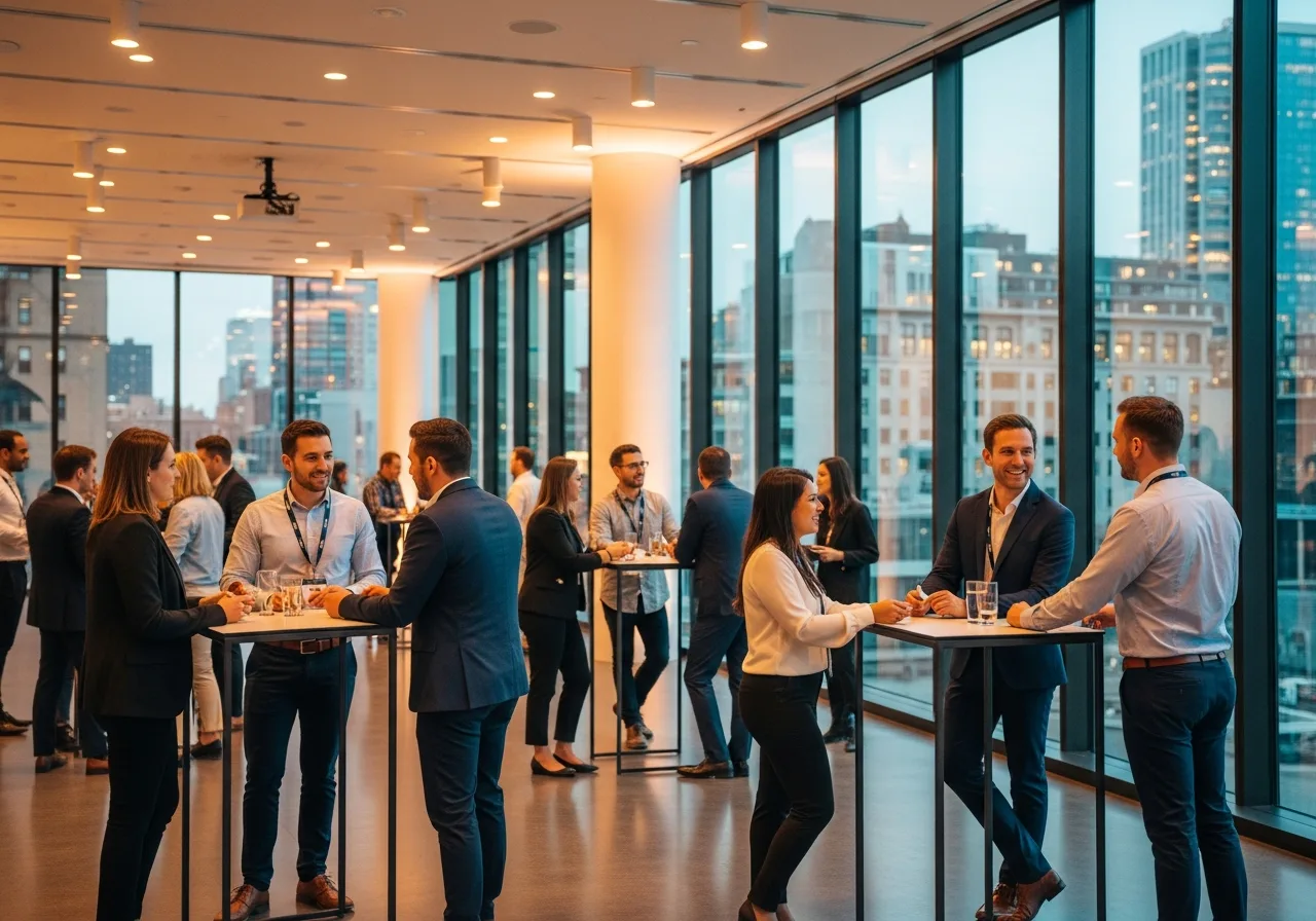 Technology professionals in a busy hiring event networking with recruiters at modern conference space