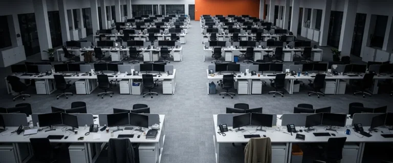 Empty tech office with abandoned workstations after Oracle 2026 mass layoffs