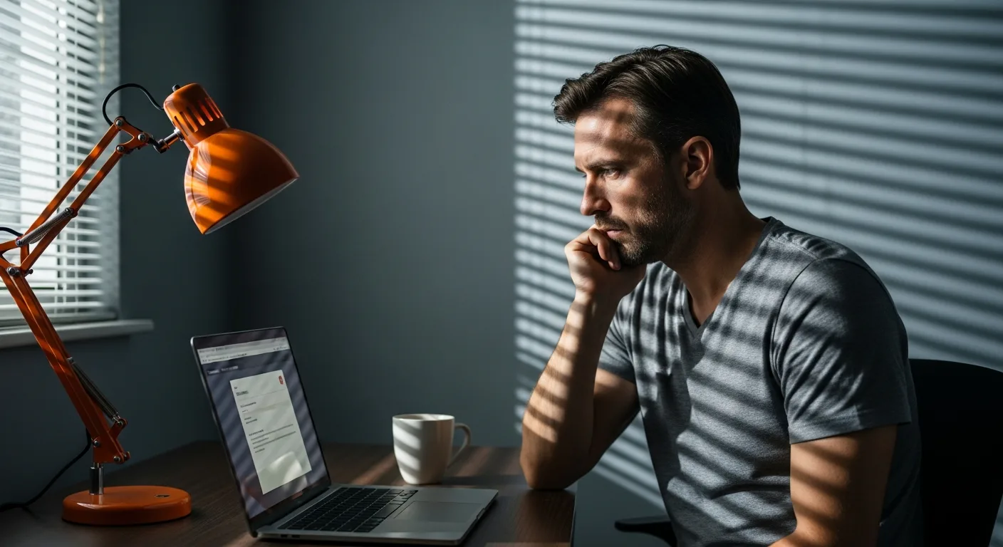 Oracle employee reading 6 AM layoff termination email at home office desk