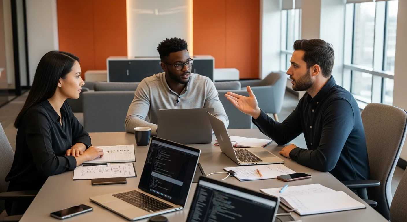 Displaced Oracle engineers discussing career next steps at tech office conference table