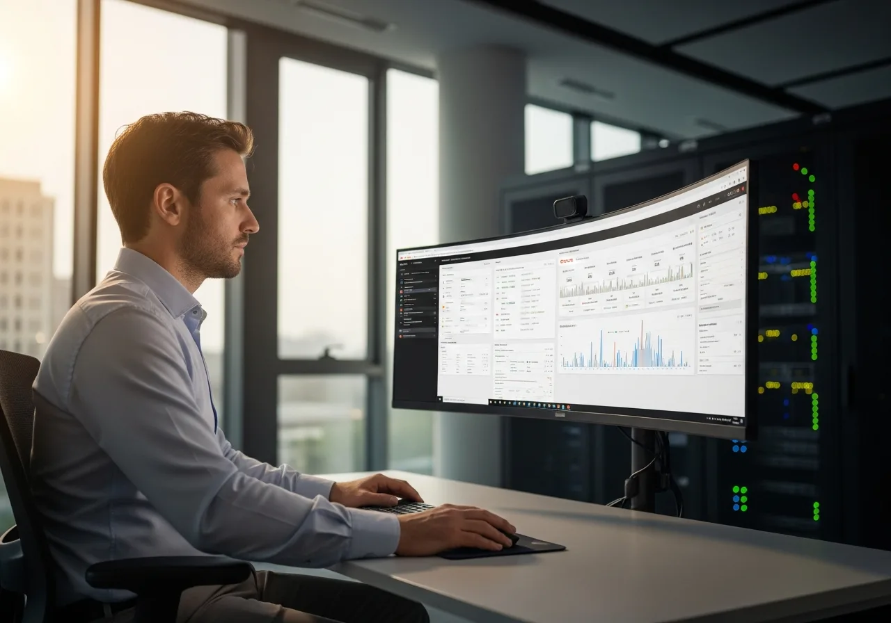 Oracle cloud engineer reviewing OCI infrastructure dashboard in modern office