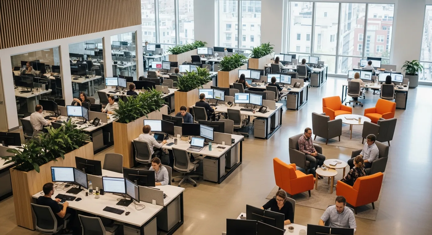 Elevated view of open-plan tech office with professionals at workstations and floor-to-ceiling windows