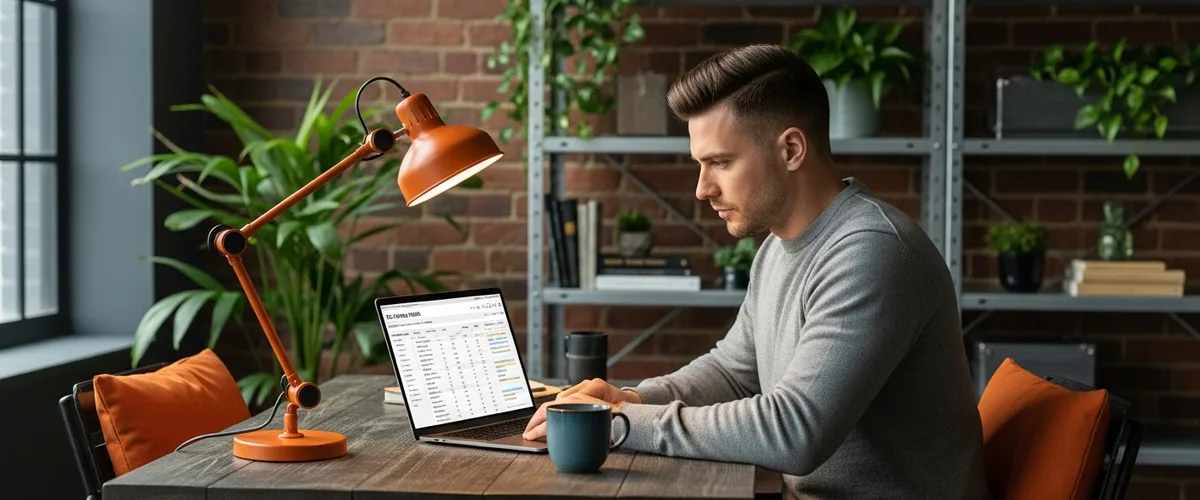 Founder reviewing payroll and cap table on a laptop in a modern startup office