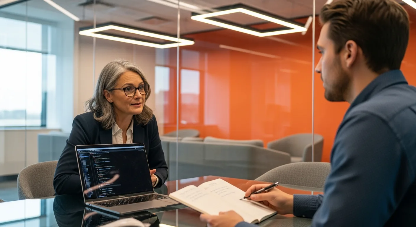 Hiring manager conducting platform engineer technical interview in modern conference room