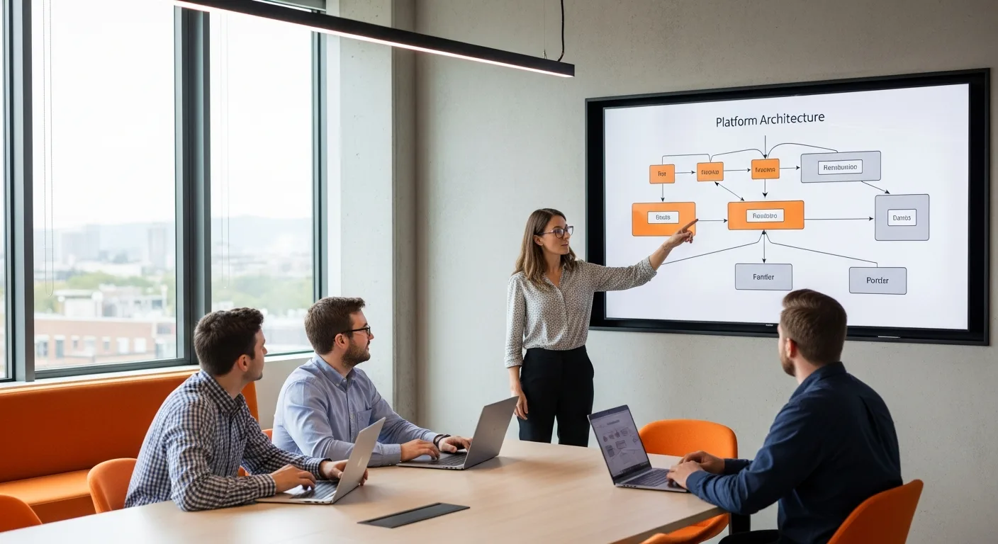 Platform engineering team reviewing architecture diagram and golden path design on wall display