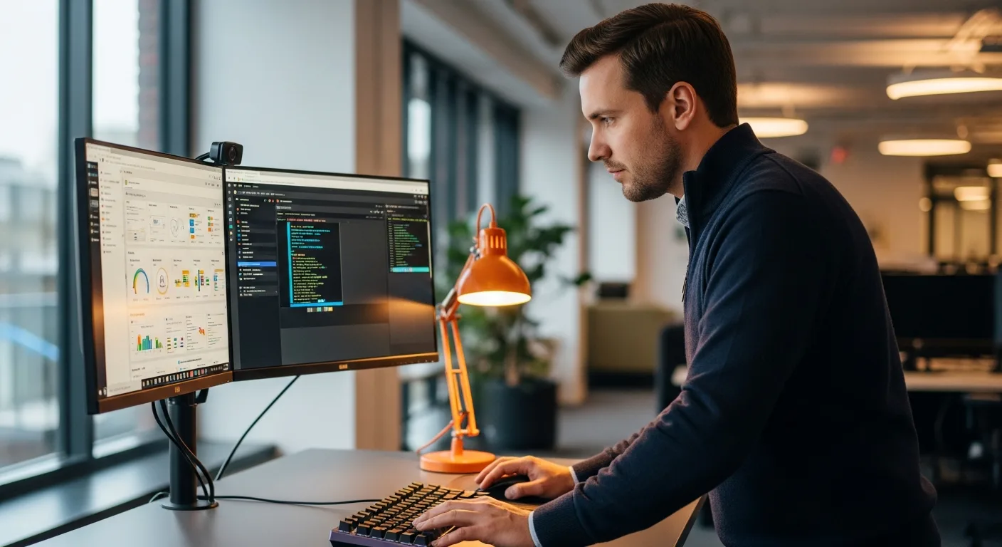 Platform engineer at workstation reviewing Kubernetes dashboards and infrastructure-as-code terminal windows