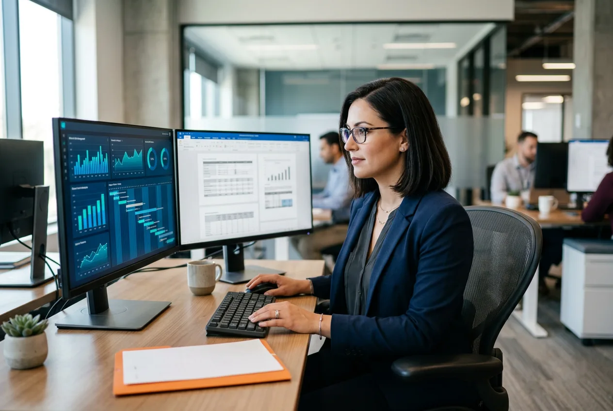 Clinical systems analyst working with Veeva Vault CTMS data on a pharma workstation