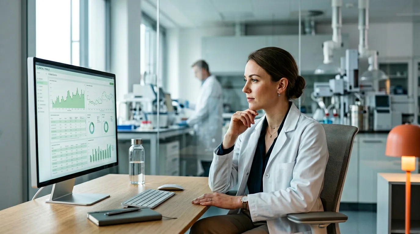 Pharmaceutical validation analyst reviewing a validated clinical systems dashboard in a lab office