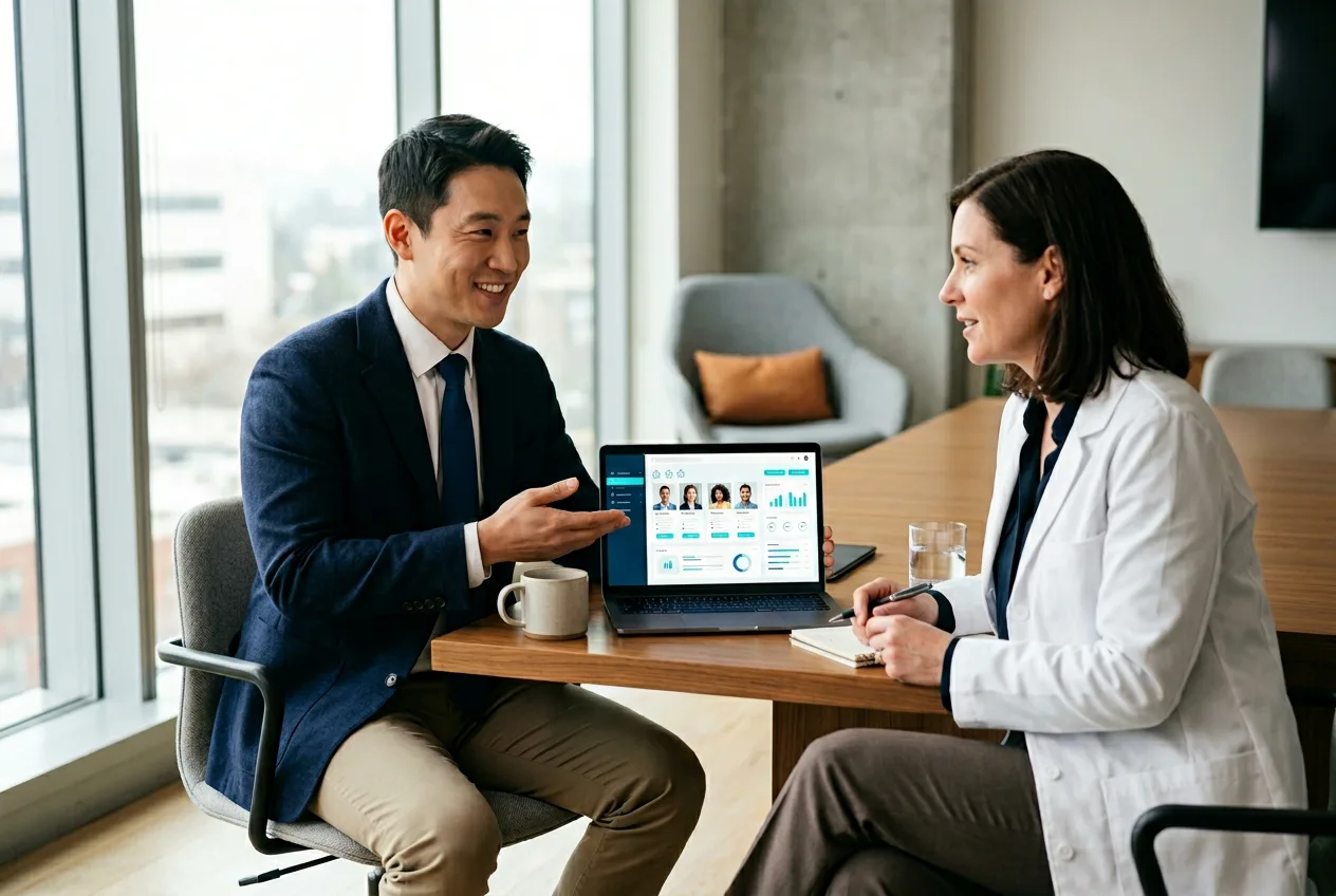 KORE1 recruiter briefing a pharma IT hiring manager on validated systems candidate shortlist