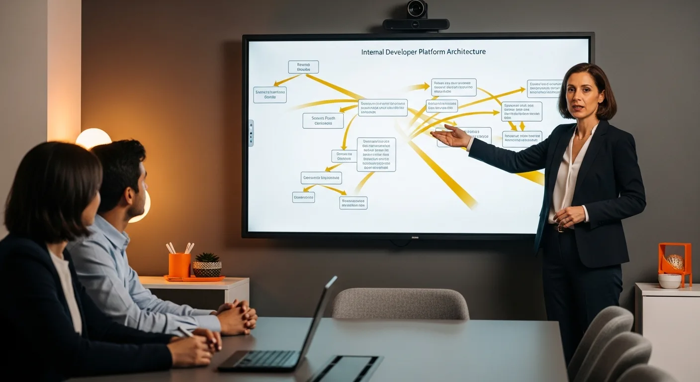 Senior platform engineer presenting internal developer platform architecture diagram at a digital whiteboard