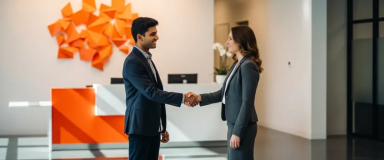 Platform engineer candidate and hiring manager shaking hands after a successful interview