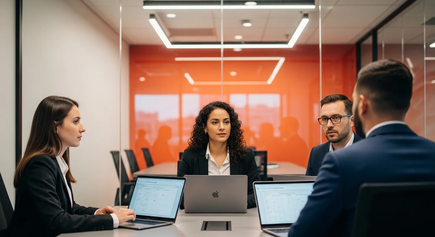 Cross-functional interview panel evaluating a platform engineer candidate in a modern glass conference room