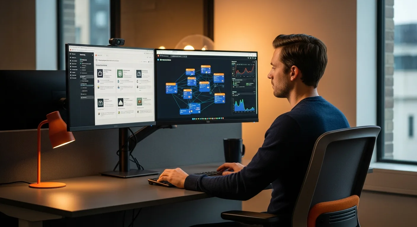 Platform engineer reviewing Backstage developer portal and Kubernetes cluster dashboards at dual-monitor workstation