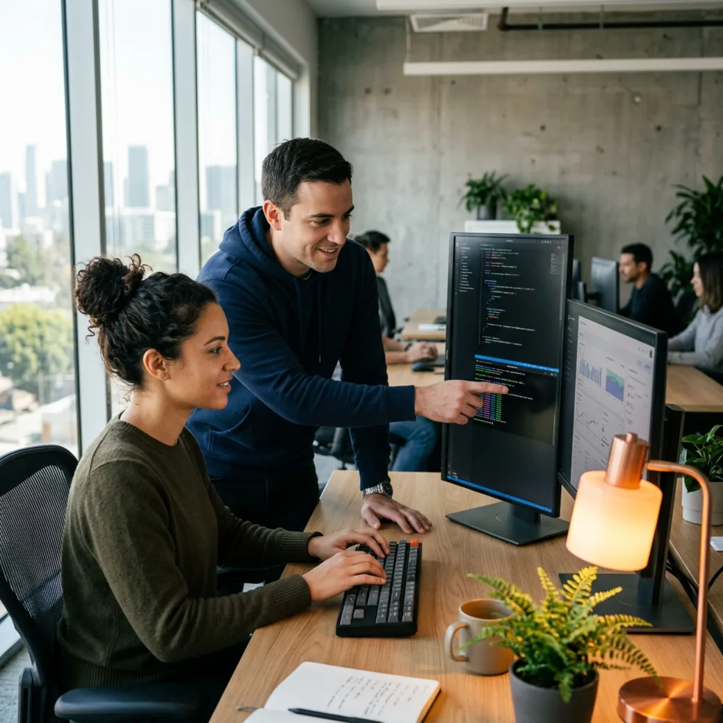 Two platform engineers pair-programming on internal developer tooling at KORE1