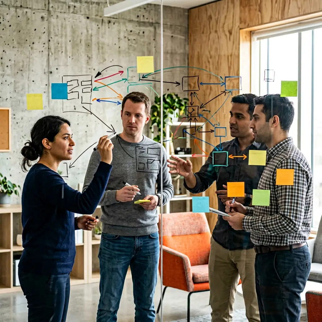 Platform engineering team mapping internal services and dependencies on a glass whiteboard — KORE1 Workforce Solutions
