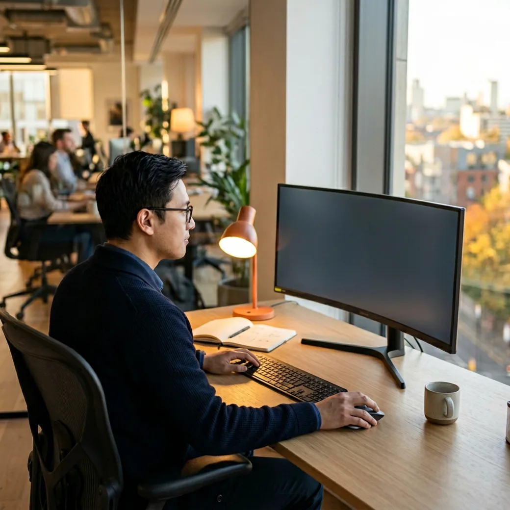 Platform engineer reviewing an internal developer platform dashboard with service catalog and golden path workflows — KORE1 Platform Engineer Staffing