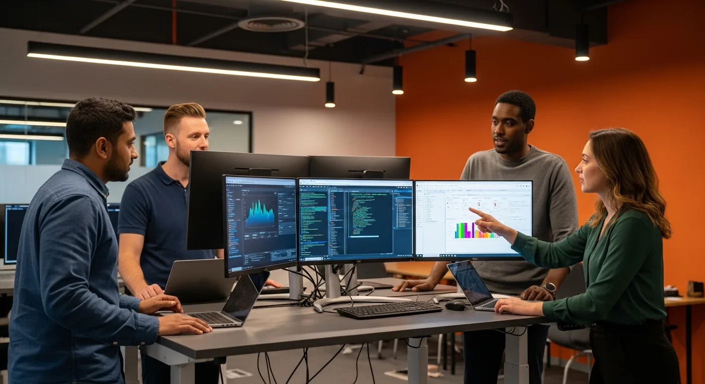 Platform engineering team collaborating on Grafana observability dashboards at a standing desk