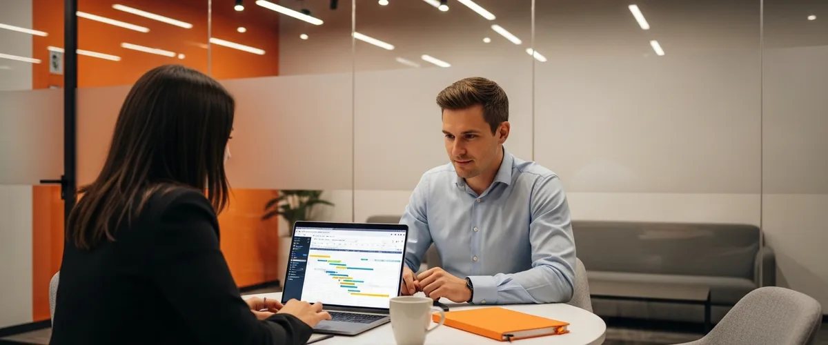 Project manager reviewing project schedule with stakeholder in glass-walled conference room
