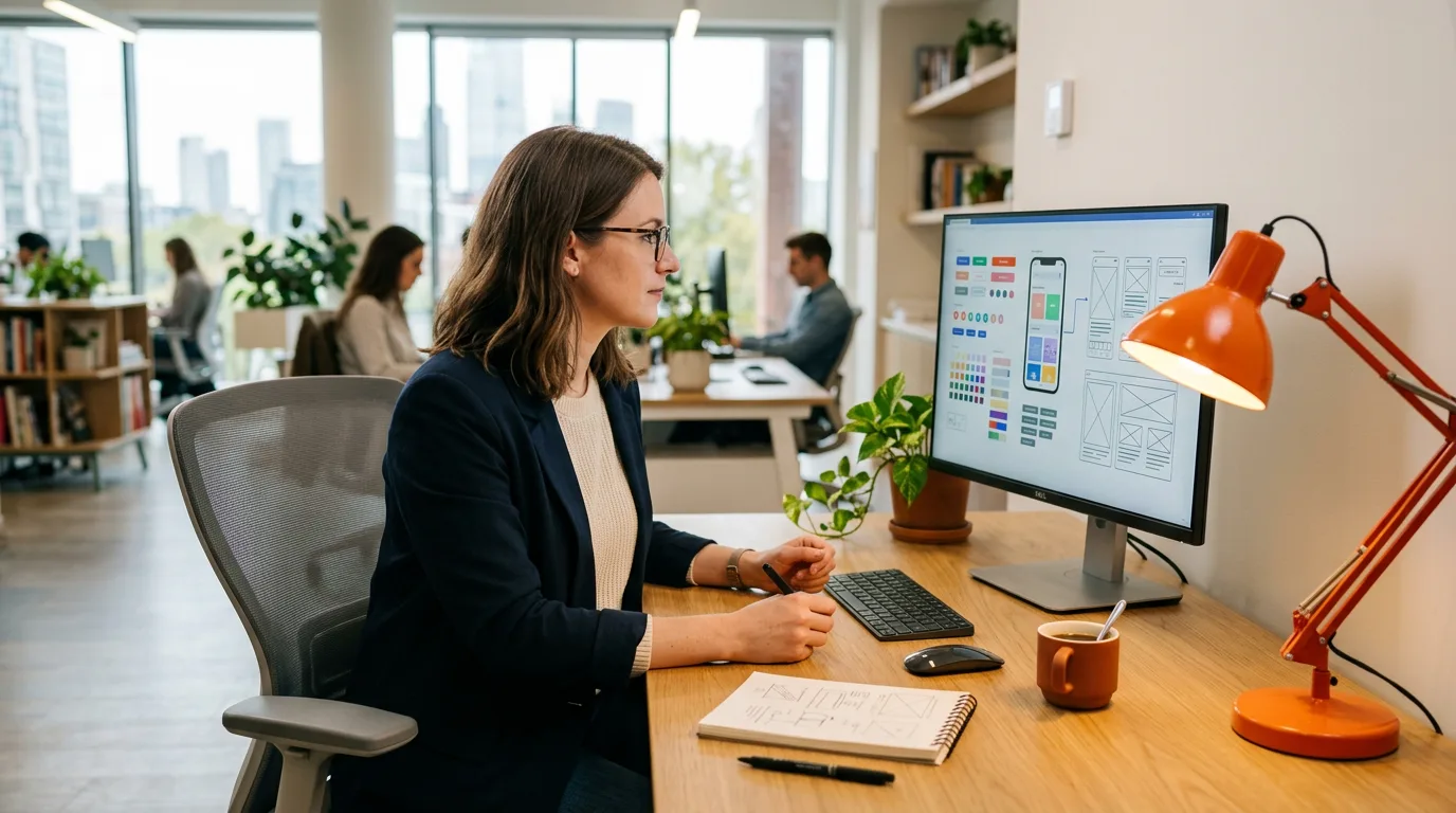 Product designer reviewing a product strategy map and design system on dual monitors in a bright creative studio