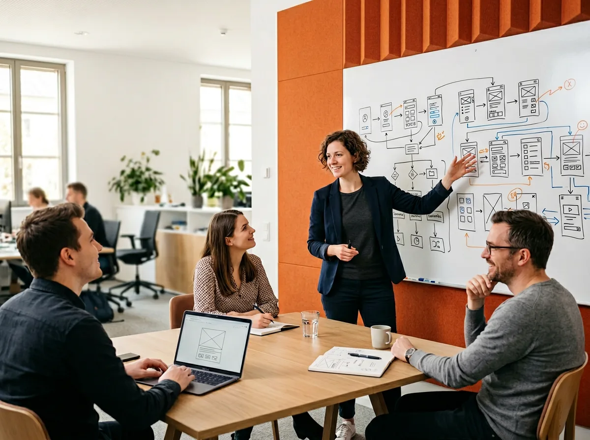 Product designer presenting a design strategy with annotated wireframes and user flows to a cross-functional team in a bright conference room