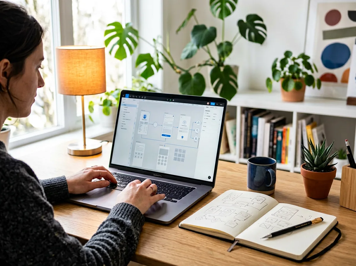 Product designer working at a desk with a Figma prototype on screen alongside a physical sketchbook with user flow diagrams