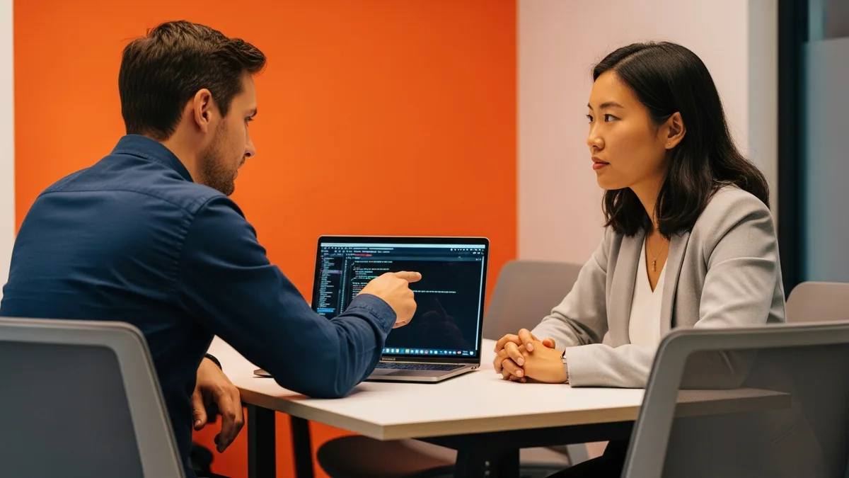 Product manager and software engineer reviewing technical specifications and product requirements together at office desk