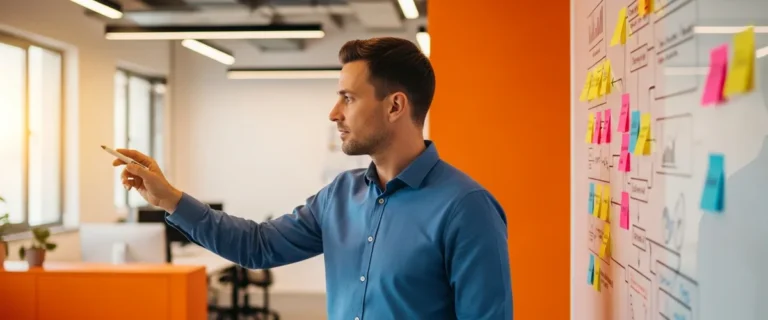 Product manager at whiteboard reviewing product roadmap strategy in modern tech office with orange accents