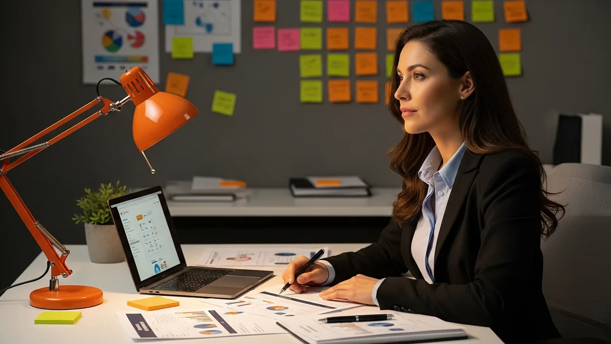 Female product manager reviewing product roadmap planning documents at modern office desk with laptop
