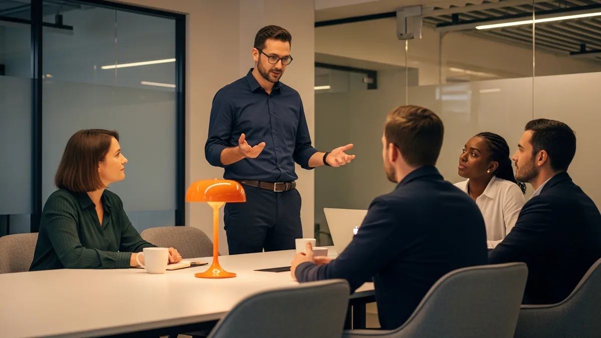 Product manager presenting product roadmap priorities to cross-functional engineering and design team in conference room