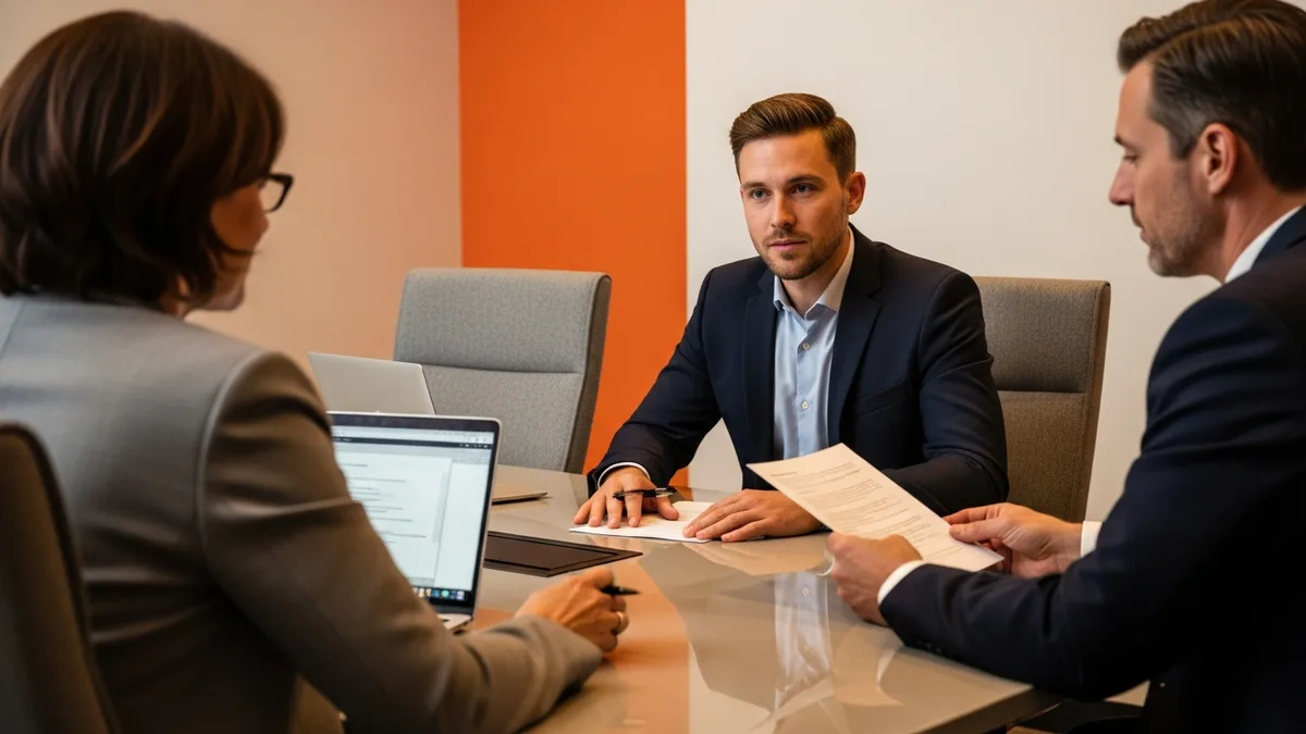 Project manager candidate interviewing for a senior PM role across from a hiring team in a modern professional conference room