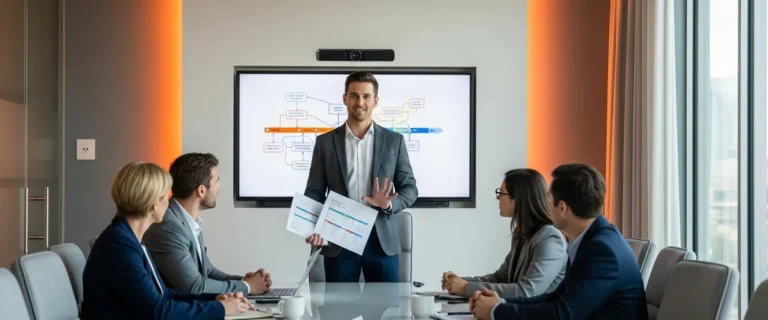Project manager presenting project timeline to team in a modern conference room with orange accent lighting