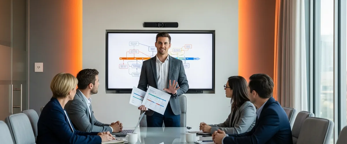 Project manager presenting project timeline to team in a modern conference room with orange accent lighting