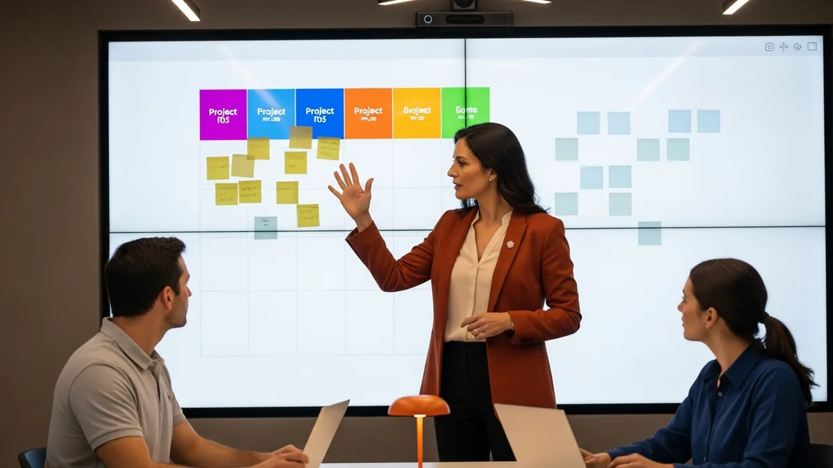 Project manager presenting sprint planning board and project timeline to team in collaborative tech office environment