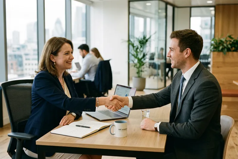 Hiring manager and project manager candidate shaking hands after successful interview