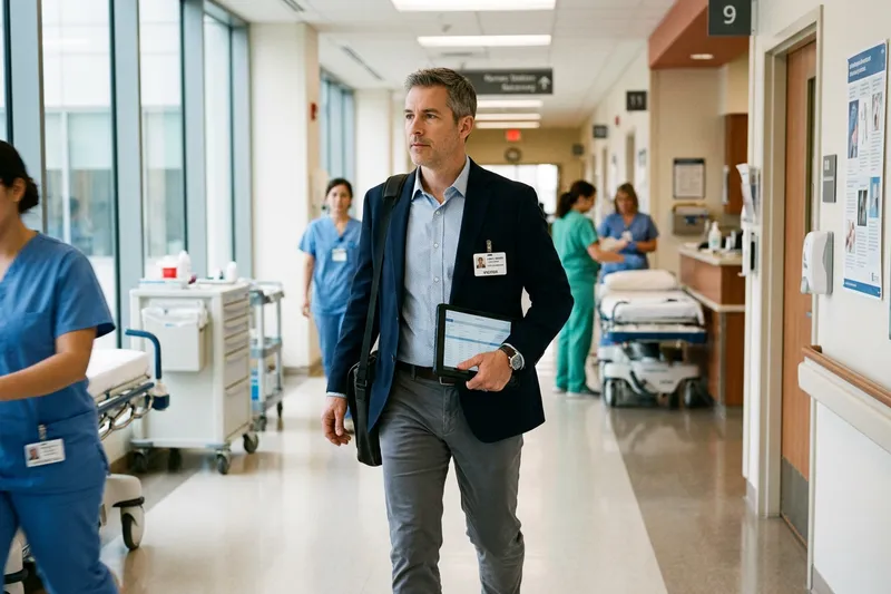 Project manager walking hospital corridor with tablet during healthcare IT implementation