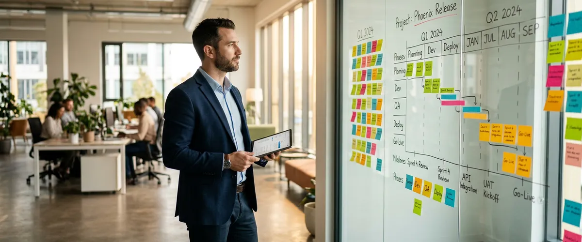 Project manager staffing agency hero showing senior PM at glass wall with delivery roadmap