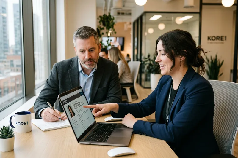 KORE1 recruiter reviewing project manager candidate profiles with hiring manager
