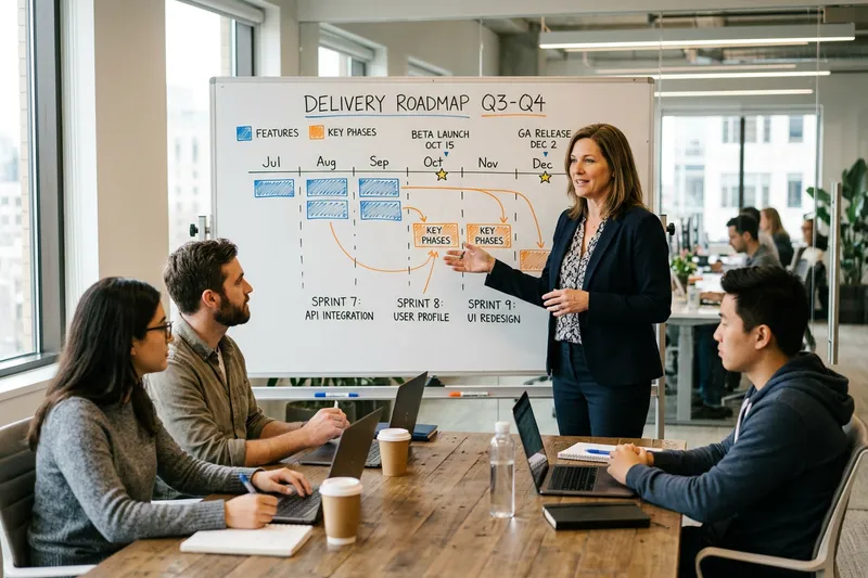 Project manager presenting delivery roadmap to engineering team in conference room