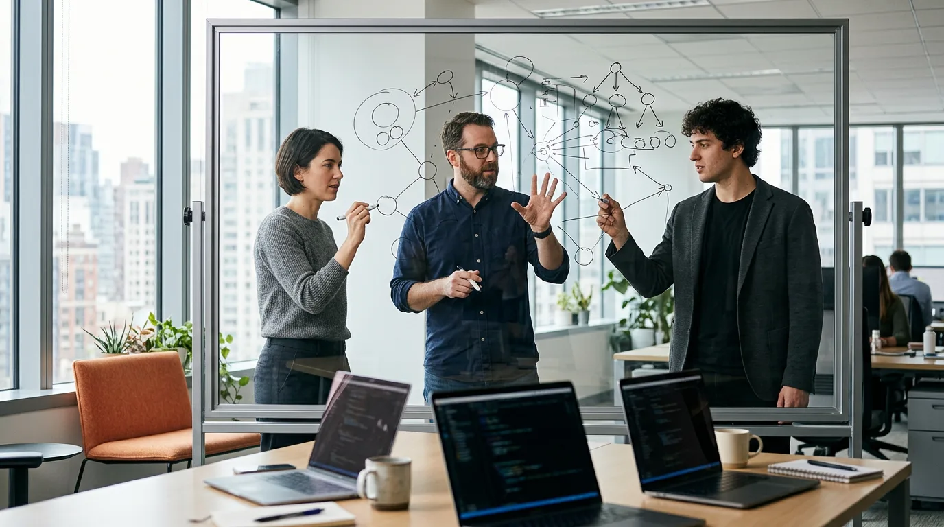 AI ML team reviewing PyTorch training metrics and LangChain RAG architecture diagram on whiteboard