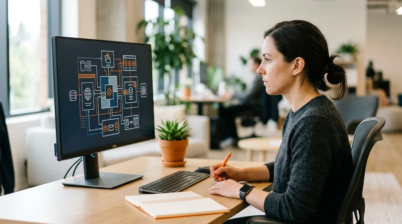 Backend Python engineer reviewing FastAPI service architecture and Postgres query plan on monitor