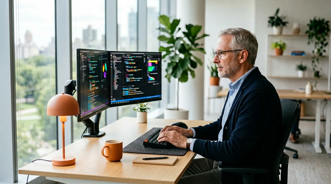 Senior Python developer reviewing FastAPI service code and PyTorch training metrics on dual monitors, KORE1 Python developer staffing