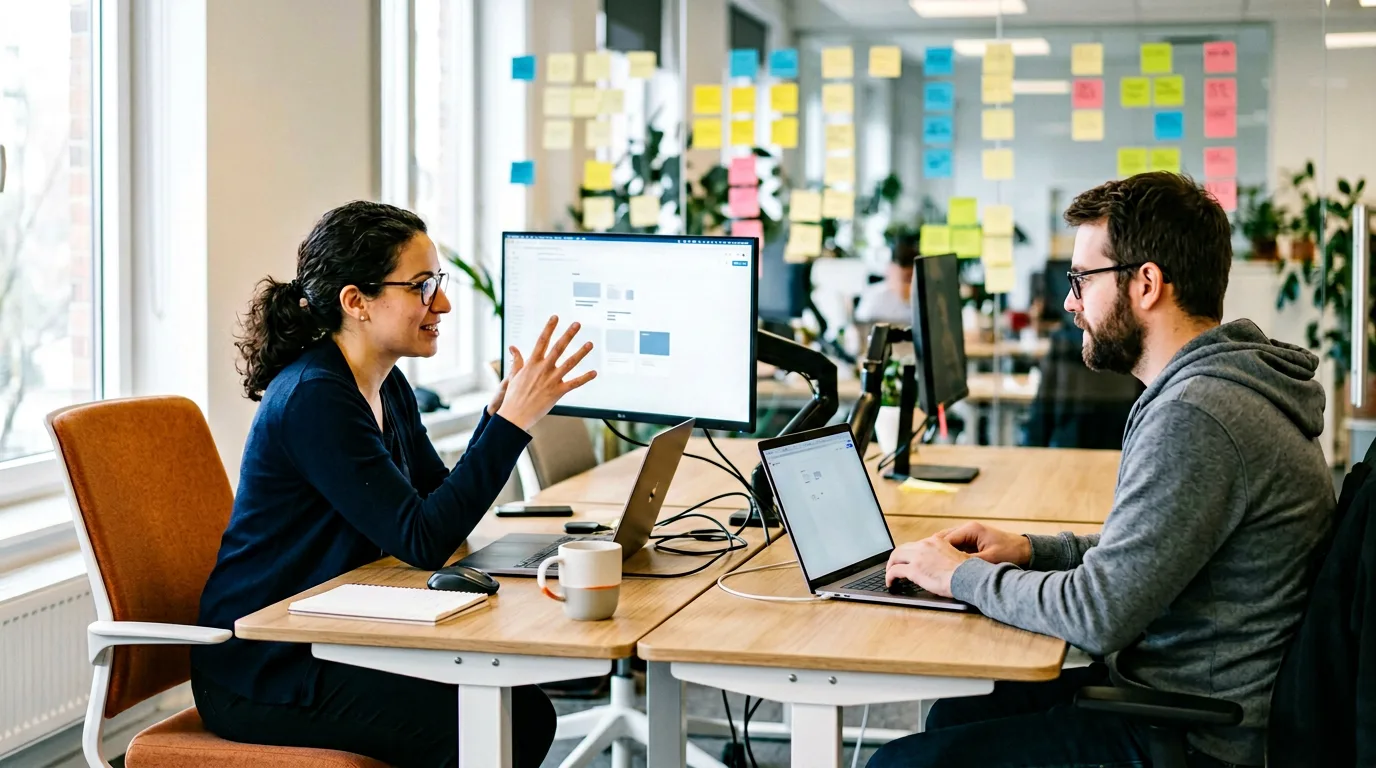 Python engineer pair-programming on backend microservice with terminal and architecture diagram visible