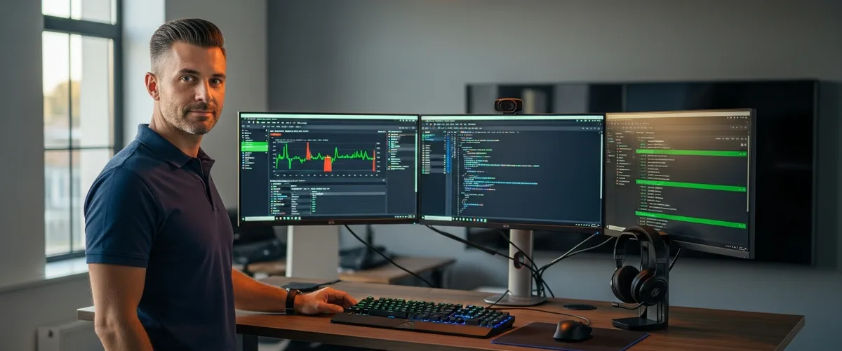 Senior QA engineer at standing desk with test automation dashboards