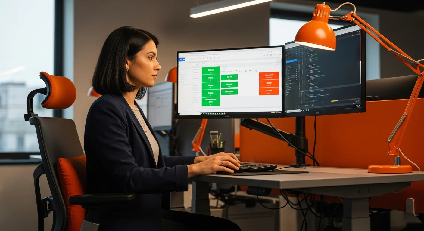 QA engineer reviewing automated test results on dual-monitor workstation