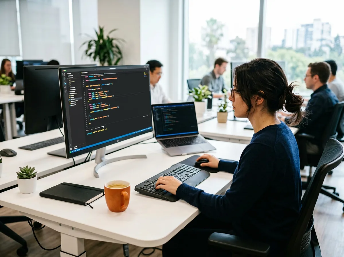 KORE1 QA engineer writing automated test scripts in Playwright at a clean modern workstation with test results visible on screen