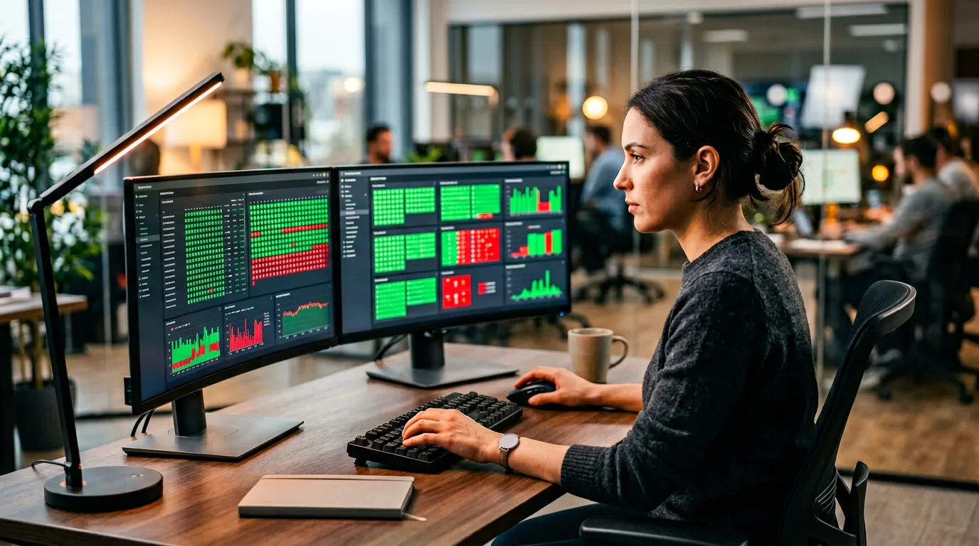 QA engineer reviewing automated test dashboards on dual monitors in a modern technology office with orange desk lamp accent