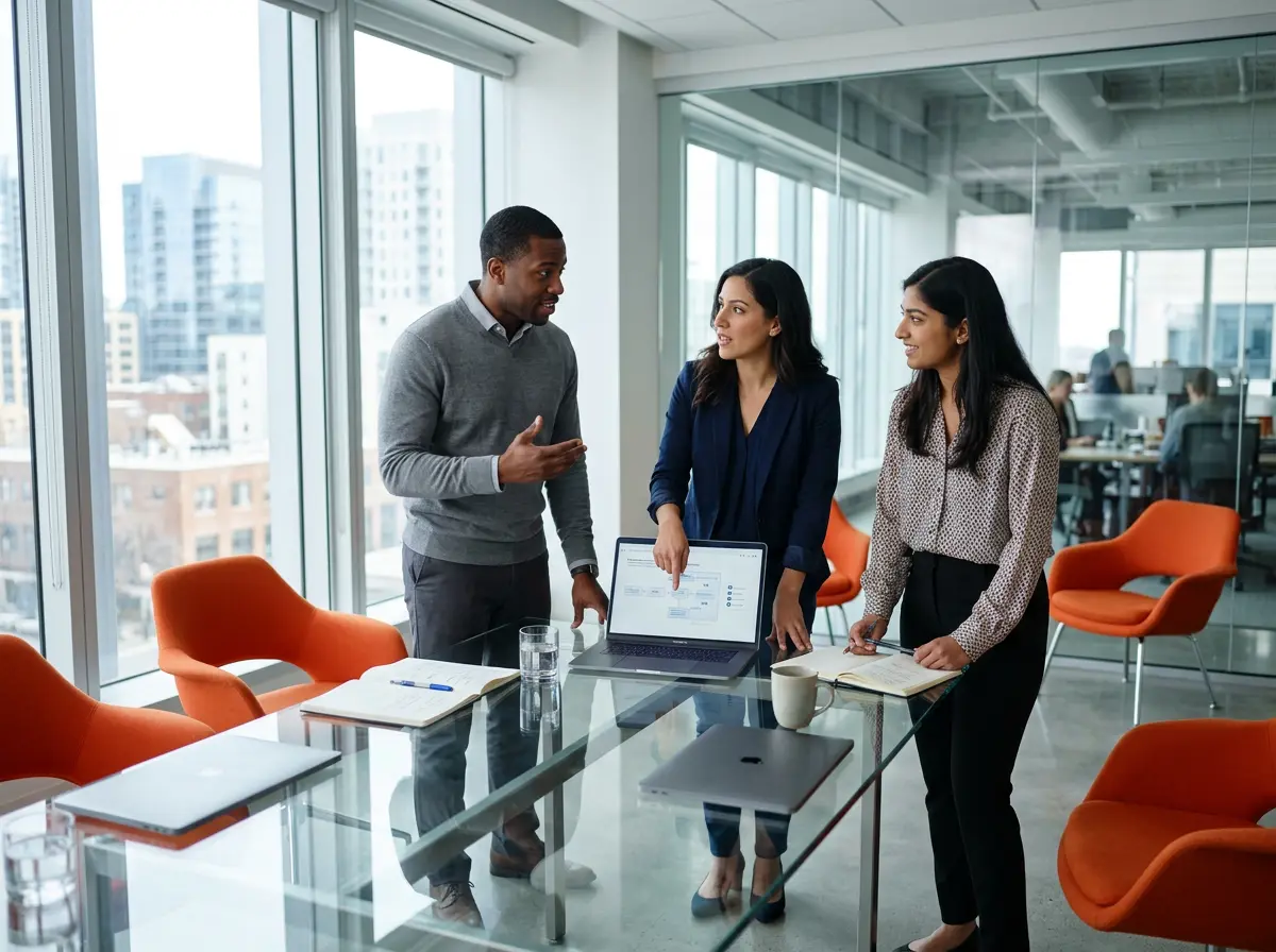 Quality assurance team reviewing test case documentation and release criteria on a whiteboard in a modern tech company meeting room
